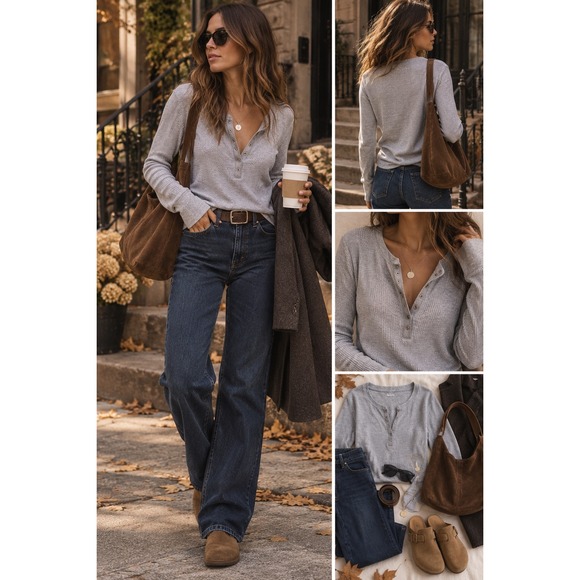 aerie Tops - Aerie Waffle Knit Henley Top Large Gray Long Sleeve Snap Front Thermal
Casual